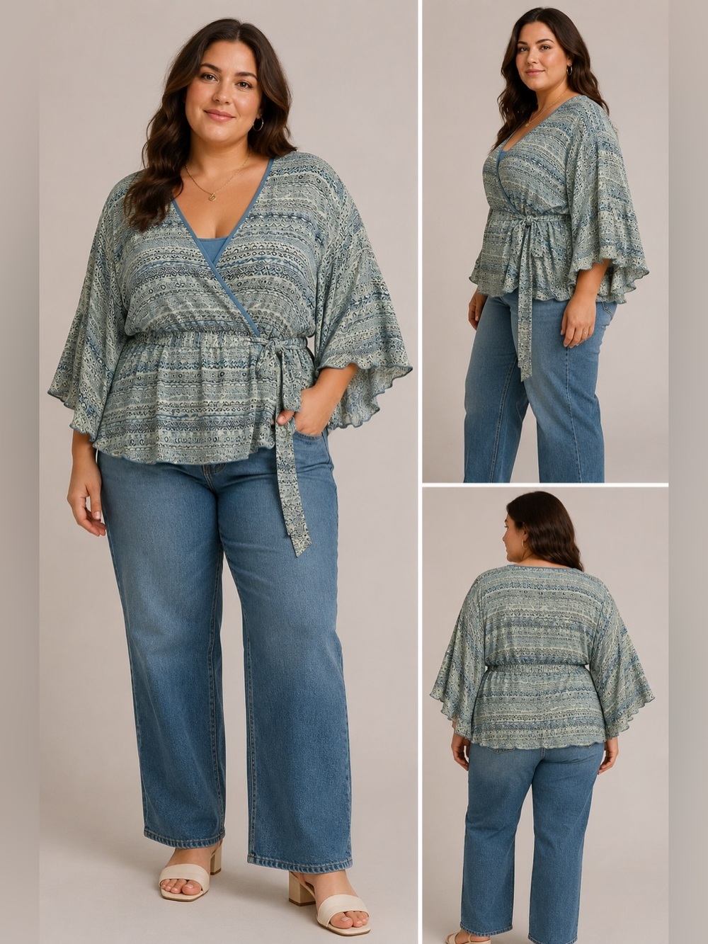 Lane Bryant 26/28 Plus Size Boho Kimono Wrap Top Blue Green Bell Sleeve Belted